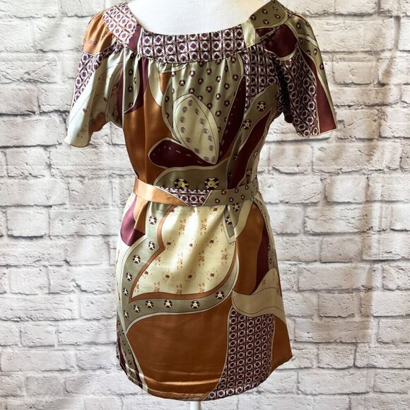 Equestrian Print Scoop Neck Belted Satin Tunic | Women's Size Small - Picture 7 of 11